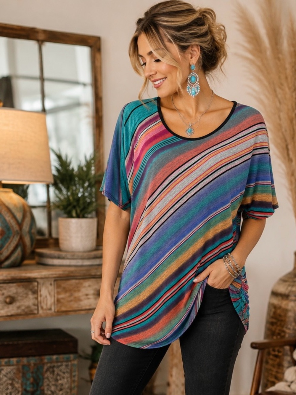 Lavish L Multicolor Striped Ruched Dolman Sleeve Tunic Top